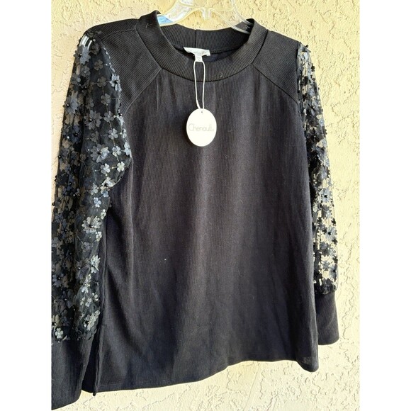 Chenault Women NWT Daisy Beaded Lace Sleeve Black XL Blouse Stretch - Picture 6 of 8